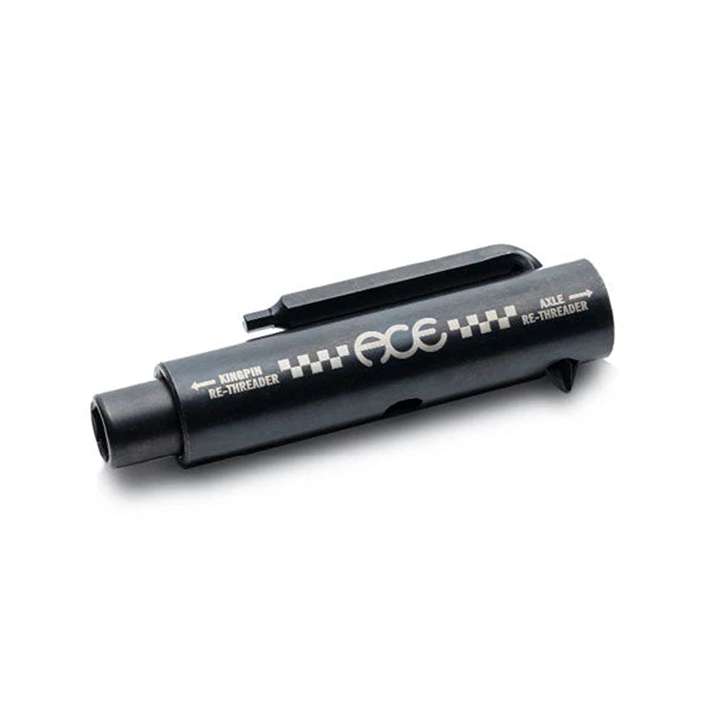The ACE AF1 COLLAPSIBLE SKATE TOOL by ACE is a black metal tool with labeled kingpin and axle re-threaders, axle and kingpin nut sockets, and a convenient pocket clip.