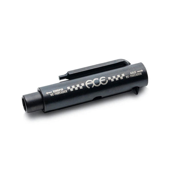 The ACE AF1 COLLAPSIBLE SKATE TOOL by ACE is a black metal tool with labeled kingpin and axle re-threaders, axle and kingpin nut sockets, and a convenient pocket clip.