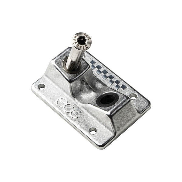 The ACE AF1 44 INVERTED BASEPLATE by Ace features a single kingpin screw, checkerboard detailing, mounting holes, and embossed "ACE" branding—an essential individual part for your skateboard suspension system.