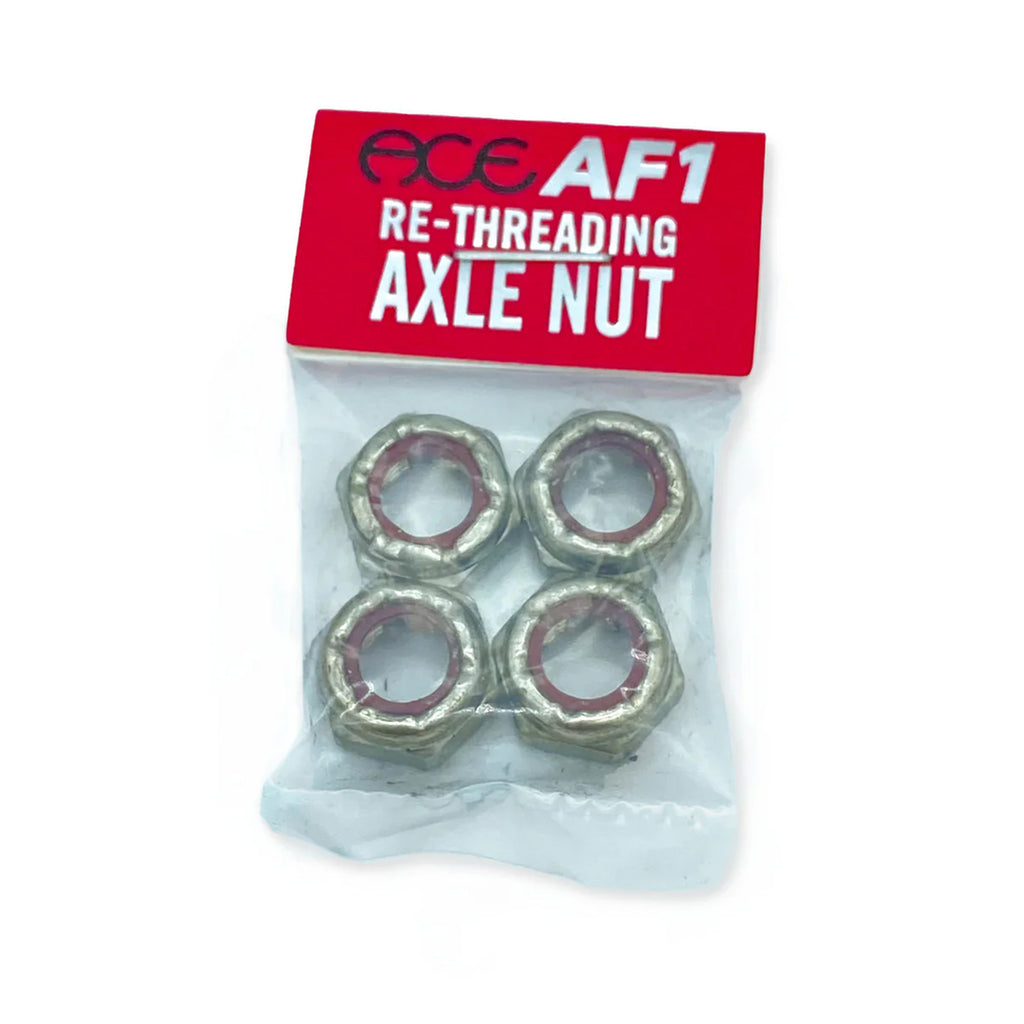 A package labeled "ACE RE-THREADING AXLE NUT" containing four metallic axle nuts, compatible with ACE HOLLOW HARDWARE.