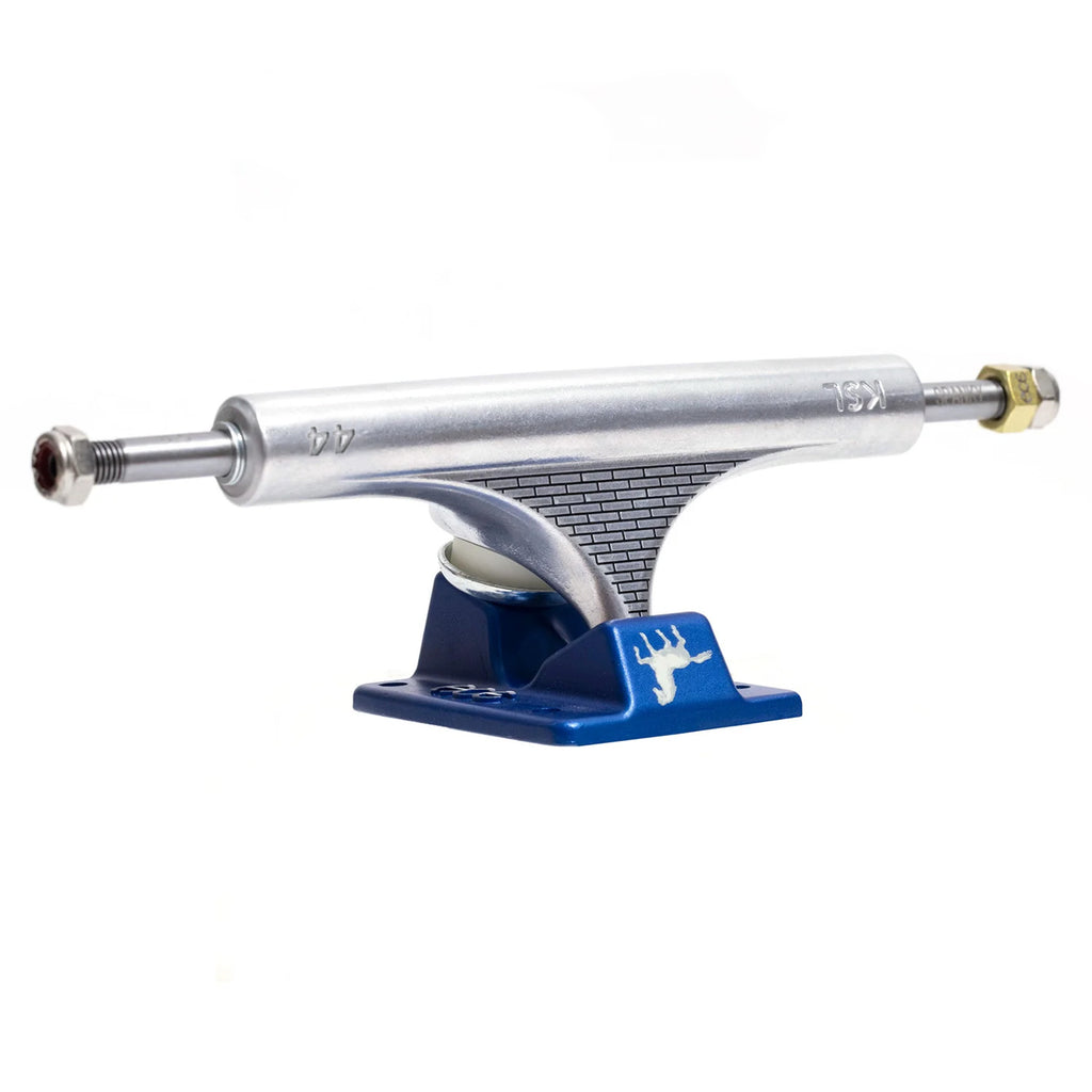 The ACE AF1 44 LIMITED HOLLOW SPANKY skateboard truck set by Ace highlights a silver hanger paired with a blue baseplate, featuring hollow axles and adorned with a stylish deer logo. This side-angle view emphasizes the precision engineering tailored for Kevin "Spanky" Long's unique style.