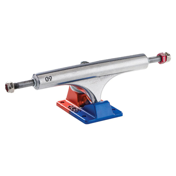 Image of an Ace ACE AF1 60 ANODIZED BLUE ORANGE / POLISHED (SET OF TWO) skateboard truck with a polished silver hanger, anodized blue baseplate, and red baseplate component, featuring a metal axle and visible mounting bolts.