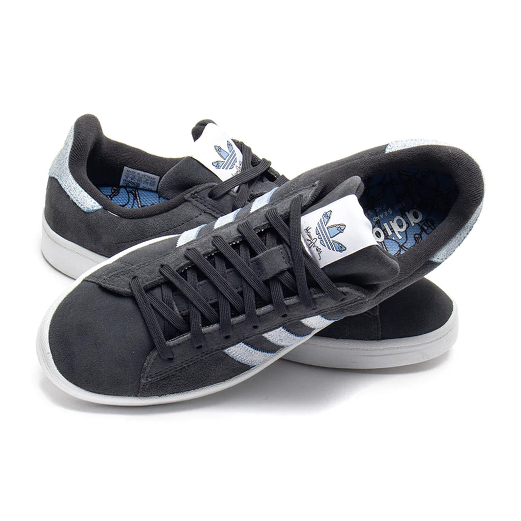 A pair of grey and white ADIDAS CAMPUS ADV X HENRY JONES CARBON / WHITE / LIGHT BLUE sneakers.