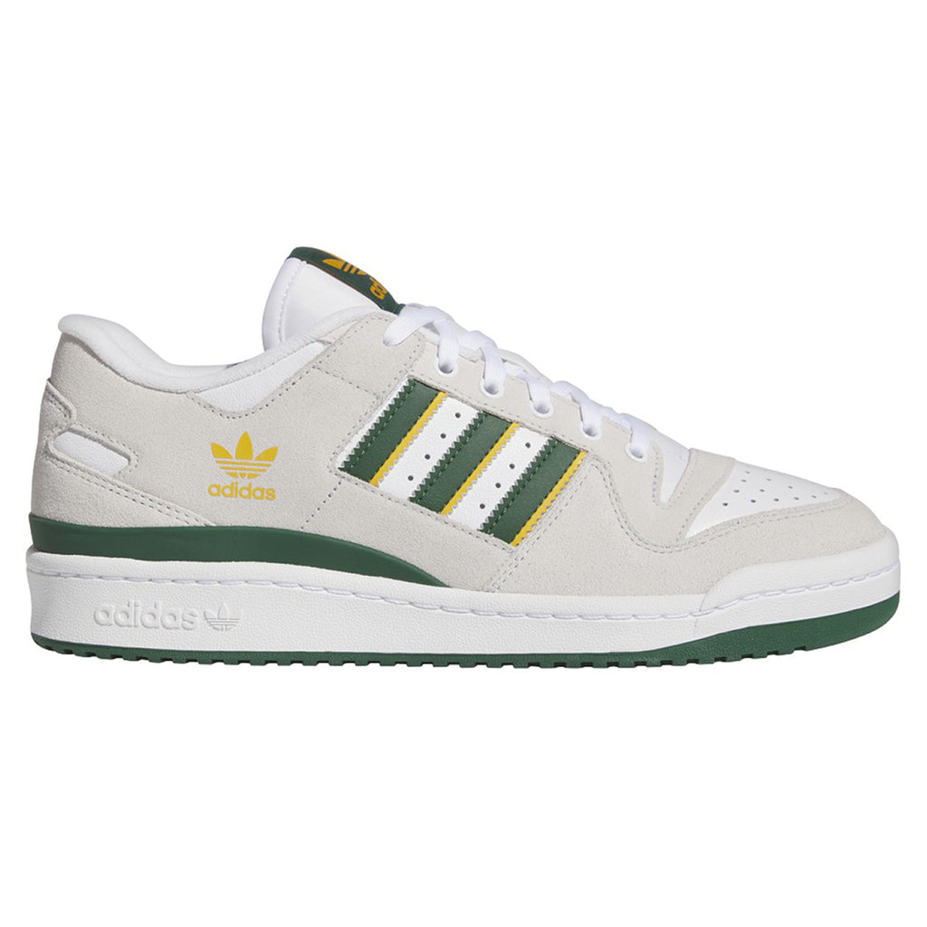 A white and green ADIDAS FORUM 84 LOW ADV WHITE / DARK GREEN / YELLOW sneakers.