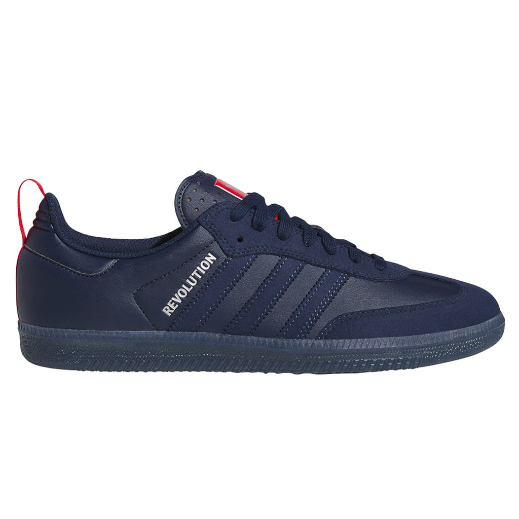 Adidas X Orchard Samba Adv Night Indigo / Silver trainers in navy and red.
