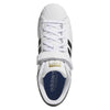 Top view of the ADIDAS PRO SHELL ADV FLAT WHITE / CORE BLACK sneaker featuring black stripes, a white Velcro strap, white laces, and a blue Adidas-logo insole—blending basketball heritage with skate innovation.