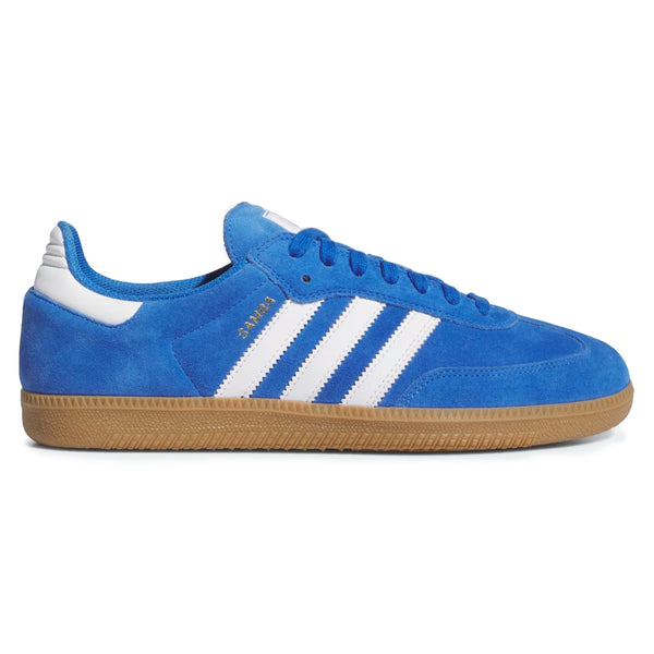 The ADIDAS SAMBA ADV in Blue Bird, Cloud White, and Gold Metallic features suede uppers with white stripes, a rugged Adituff toe reinforcement, a stylish gum sole, and a traction-maximizing grippy cupsole.