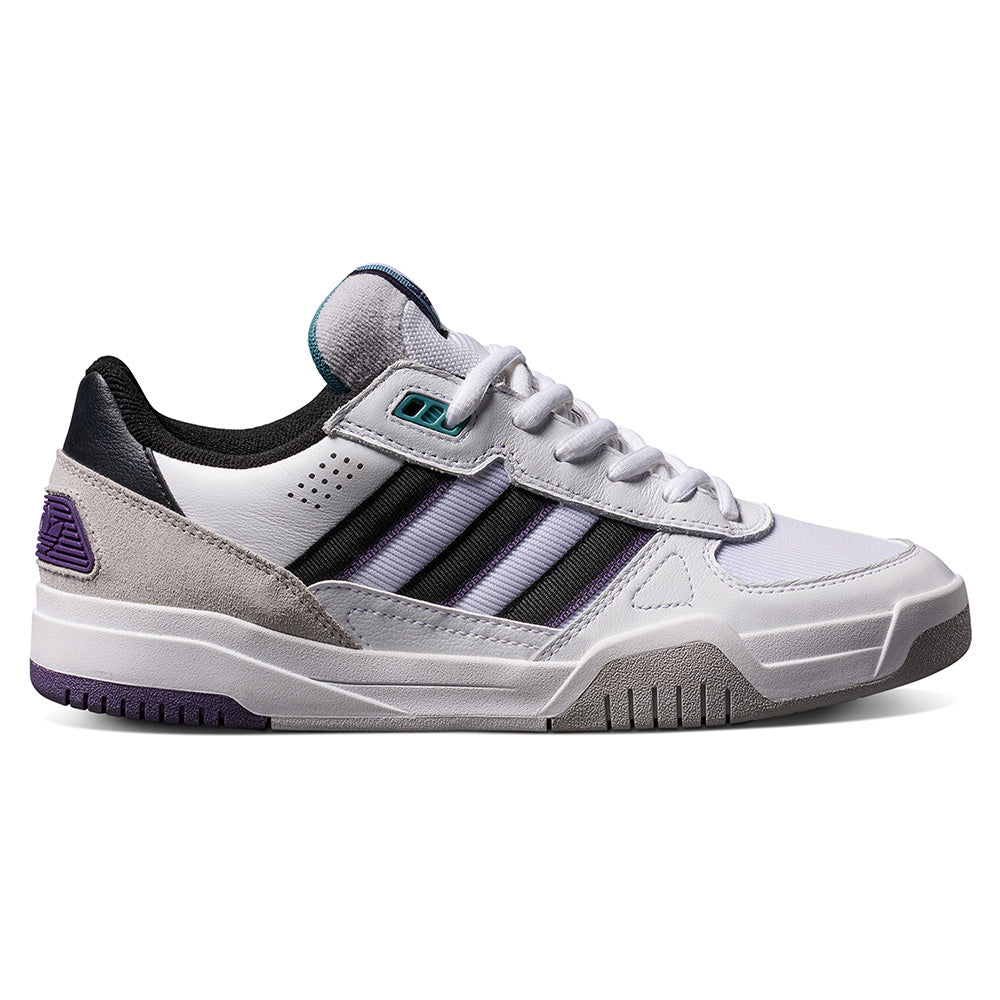 The ADIDAS TEKKIRA CUP CLOUD WHITE / CORE BLACK / AURORA PLUM sneaker features classic three stripes, a suede heel, cupsole cushioning, and stylish black and purple accents—ideal versatile footwear for skateboarding.