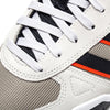 Close-up of the ADIDAS TEKKIRA CUP in Orbit Grey/Core Black/Solar Red, featuring white laces, grey suede overlays, black mesh, and black with solar red stripe details on the side atop a durable cupsole.