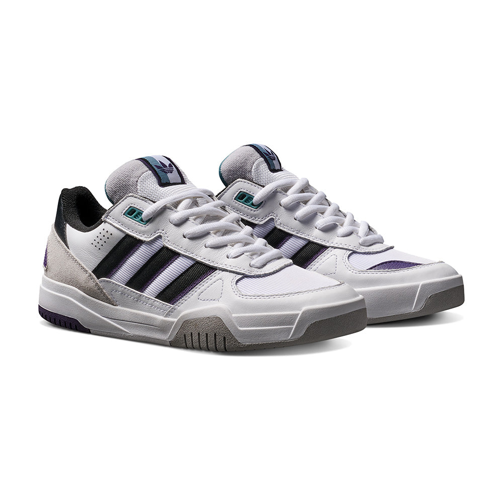 The ADIDAS TEKKIRA CUP sneakers in Cloud White / Core Black / Aurora Plum feature black and purple stripes, gray accents, white laces, and LIGHTMOTION cushioning, shown on a plain white background.