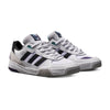 The ADIDAS TEKKIRA CUP sneakers in Cloud White / Core Black / Aurora Plum feature black and purple stripes, gray accents, white laces, and LIGHTMOTION cushioning, shown on a plain white background.