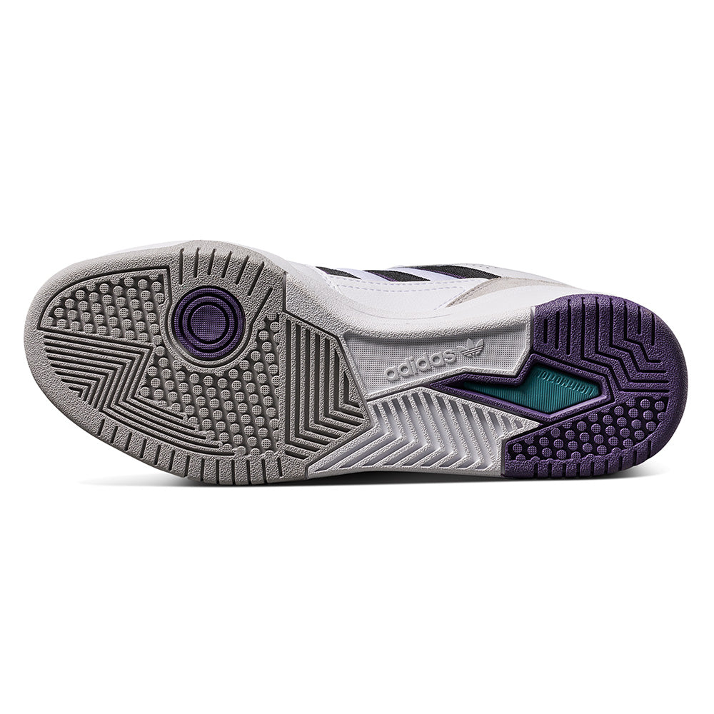 The ADIDAS TEKKIRA CUP in Cloud White, Core Black, and Aurora Plum features a textured grey outsole with purple and teal accents, LIGHTMOTION cushioning, and the Adidas logo by the midfoot.