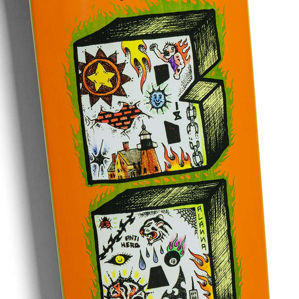 An orange skateboard deck featuring colorful, detailed illustrations including a compass, flames, a lighthouse, and various abstract designs. This ANTIHERO B.A. STACKED skateboard by ANTIHERO is perfect for adding flair to your ride.