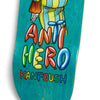 The ANTIHERO KANFOUSH BOZOS TRUE FIT skateboard deck showcases vivid balloon text reading "ANTI HERO KANFOUSH BOZOS" and a partial depiction of a person in a striped outfit. Constructed with TRUE FIT MOLD, it offers an ideal riding experience.