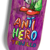 A skateboard deck named "ANTIHERO TRUJILLO BOZOS" from the brand ANTIHERO, featuring a purple background with a clown tying oversized red shoes and adorned with the words "ANTI HERO Trujillo" in colorful balloon-style letters, available in an 8.25" width.