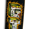 Close-up of an ANTIHERO GRANT STACKED skateboard deck with vibrant, graffiti-style artwork featuring the letters "E" and "T" surrounded by abstract designs and images, including a lizard, an eye, and flames. An ANTIHERO masterpiece.