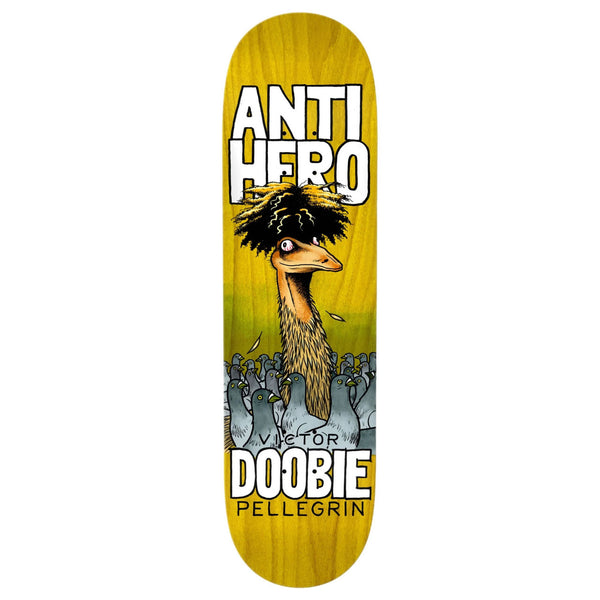 An ANTIHERO DOOBIE STAINED skateboard with an image of an ostrich on it.