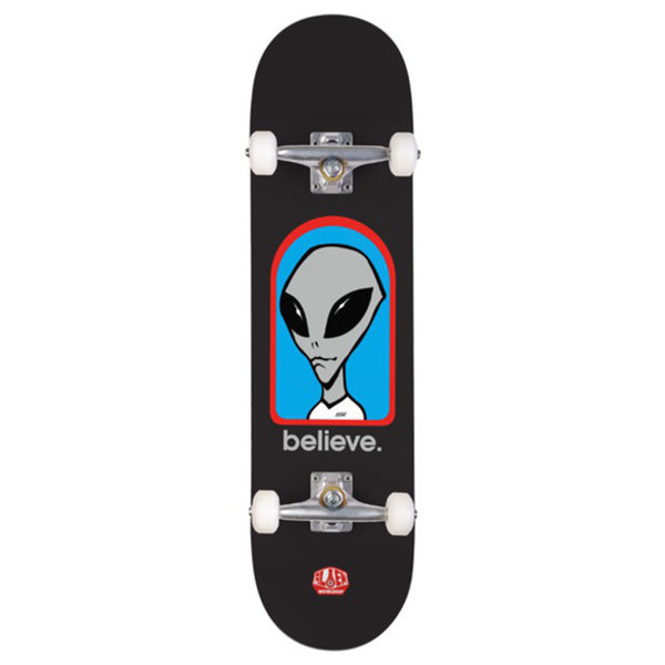 A ALIEN WORKSHOP BELIEVE COMPLETE BLACK skateboard with an alien face on it from the ALIEN WORKSHOP brand.