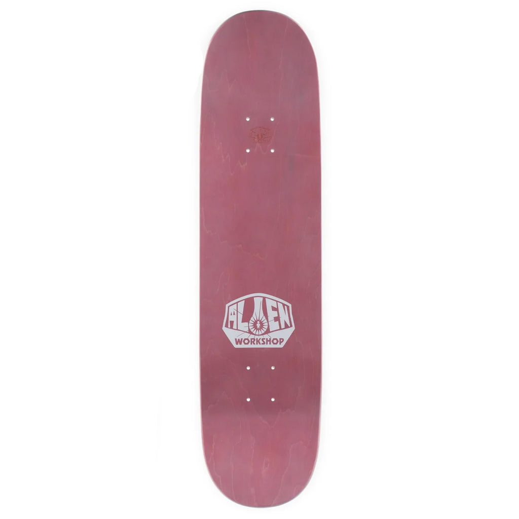 A pink Alien Workshop ALIEN WORKSHOP DOT FADE WHITE WASH TWIN skateboard deck with dot fade and branding at the center.