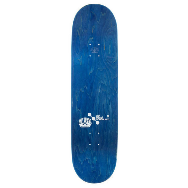 Blue ALIEN WORKSHOP KTC/RBD PSY skateboard deck with wood grain design and logo.