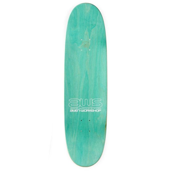 An ALIEN WORKSHOP skateboard with the word 'aus' on it.