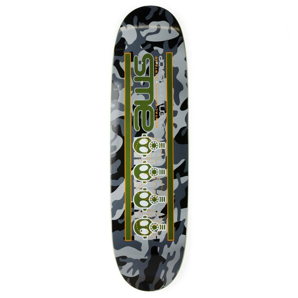 An ALIEN WORKSHOP MENTAL SURVIVAL skateboard with a camouflage design on it.