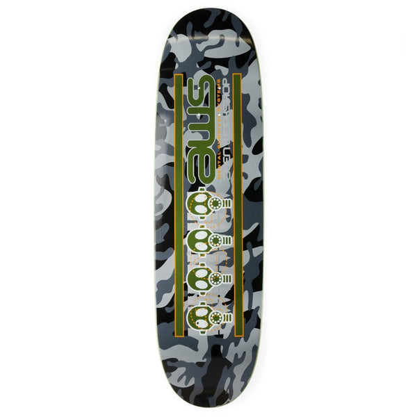 An ALIEN WORKSHOP MENTAL SURVIVAL skateboard with a camouflage design on it.