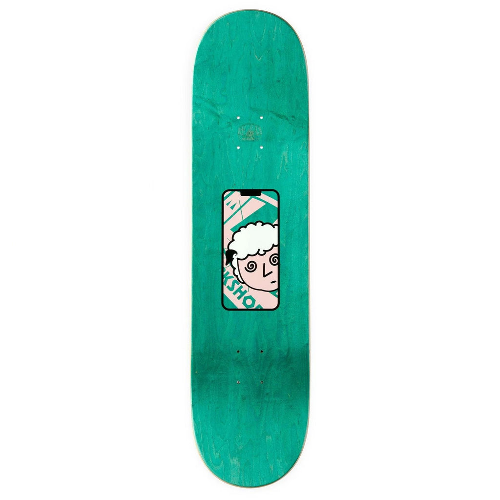 An ALIEN WORKSHOP SHEEPLE HOLE skateboard with a cartoon face on it.