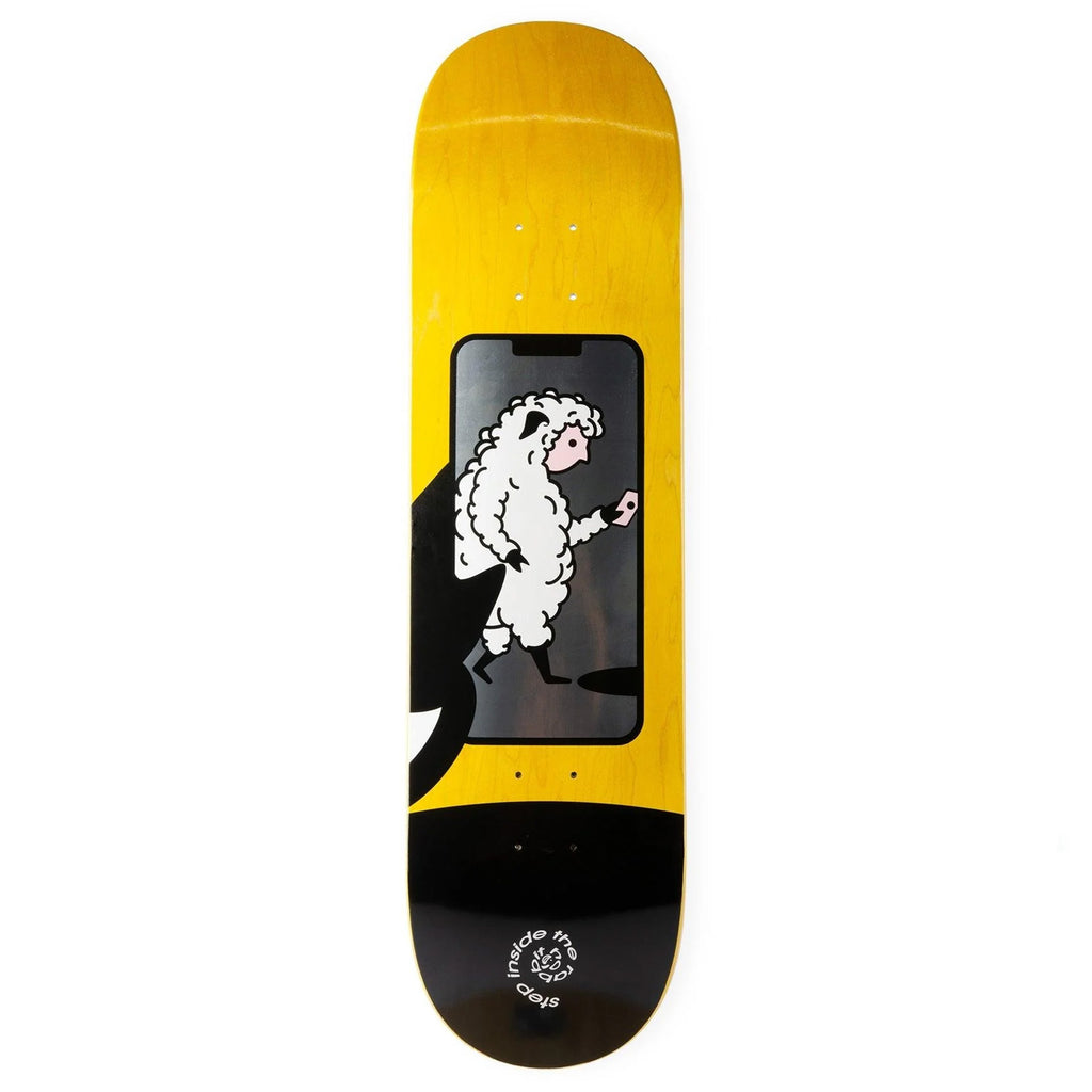 A yellow ALIEN WORKSHOP SHEEPLE HOLE skateboard with an image of a sheep on it.