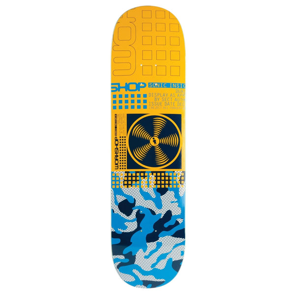 A skateboard with the ALIEN WORKSHOP SONIC INSIGNIA BLUE design.