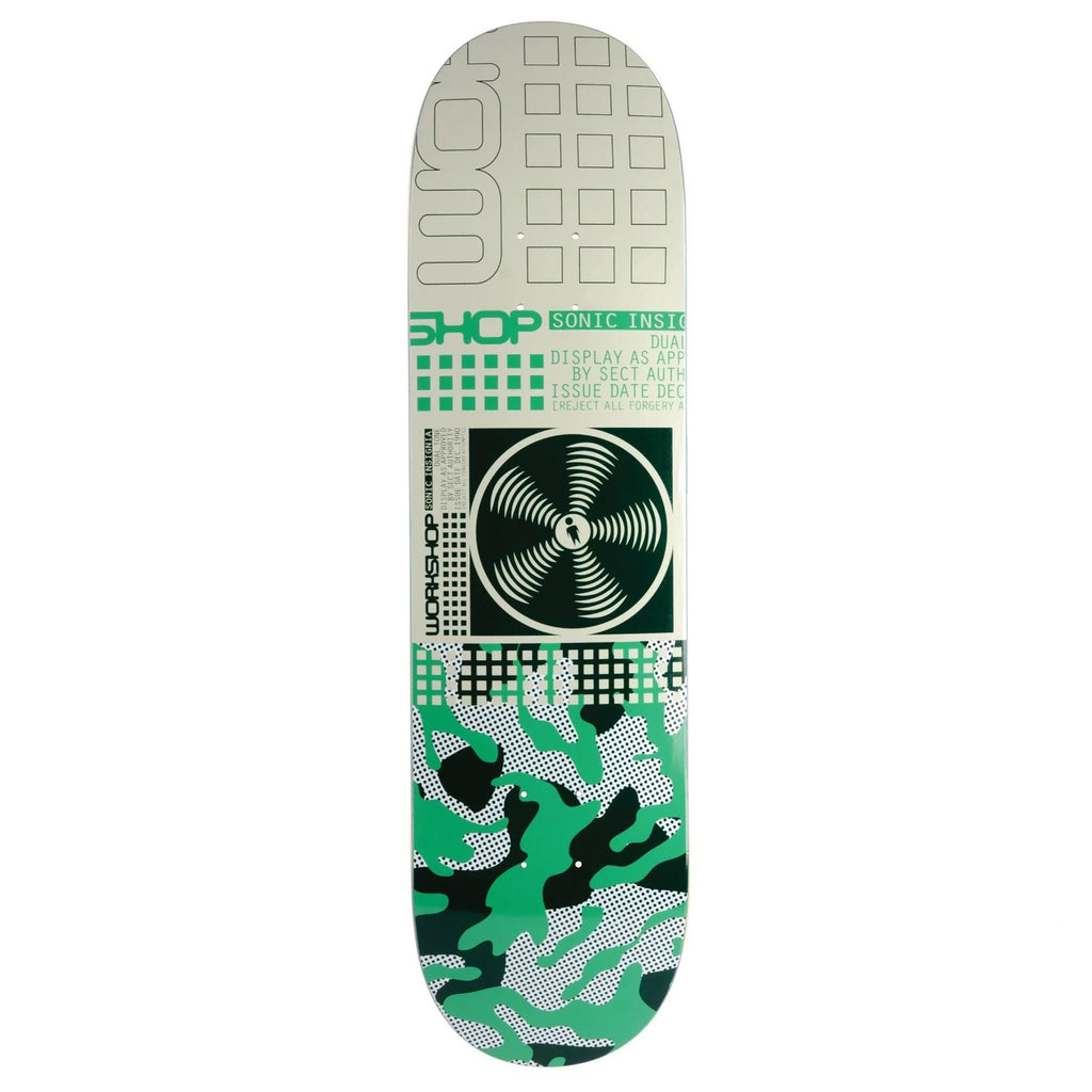 An ALIEN WORKSHOP skateboard deck with a green camouflage design.