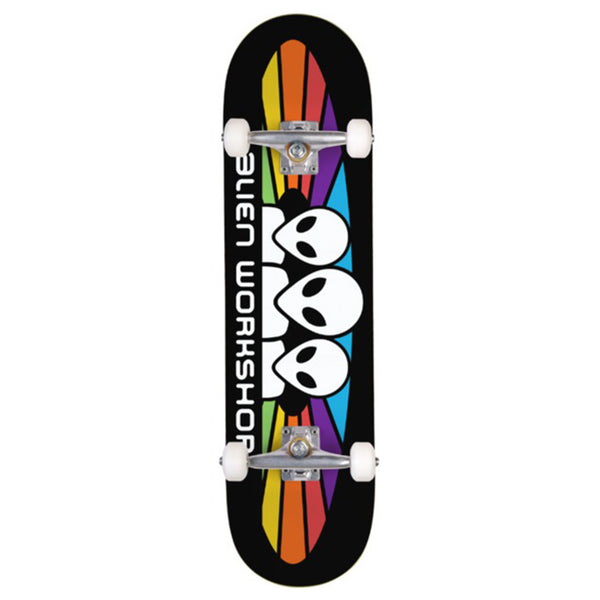 An ALIEN WORKSHOP SPECTRUM COMPLETE BLACK skateboard with a rainbow design on it, offering a complete setup.