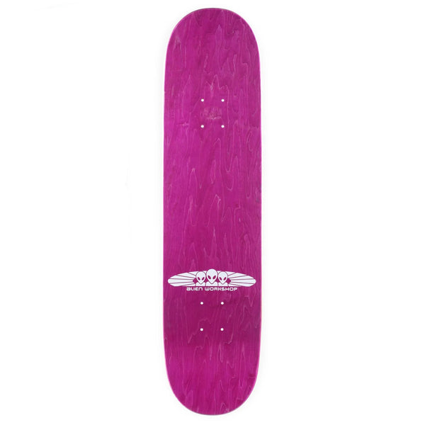 A pink Duo-Tone skateboard deck with an Alien Workshop Torch logo on the lower end.