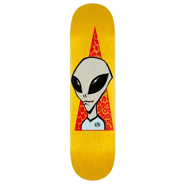 Yellow ALIEN WORKSHOP VISITOR 8.25 skateboard deck with an alien head graphic and patterned background.