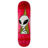 A ALIEN WORKSHOP VISITOR 8.25 skateboard deck with a graphic of an alien wearing a party hat set against a red background.