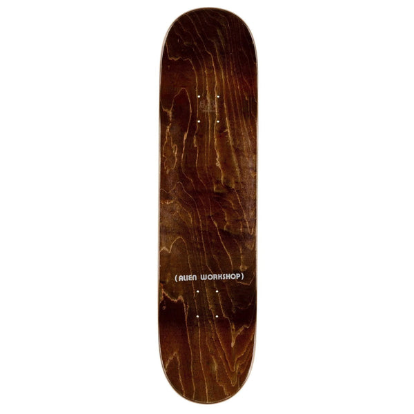 An ALIEN WORKSHOP VISITOR skateboard with the word wood on it.