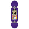 A purple ALIEN WORKSHOP X TRASHER BELIEVE COMPLETE skateboard with a picture of an alien on it.