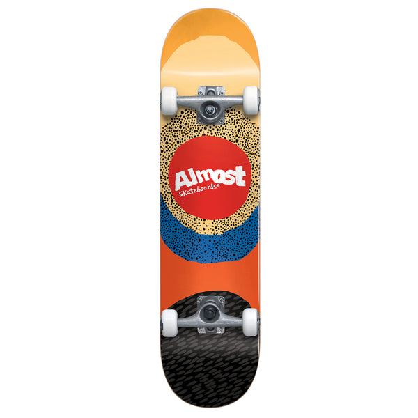 An ALMOST skateboard with an orange and blue design on it.