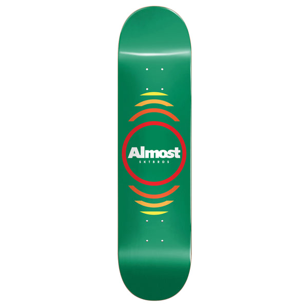A ALMOST skateboard with the word ALMOST REFLEX GREEN on it.