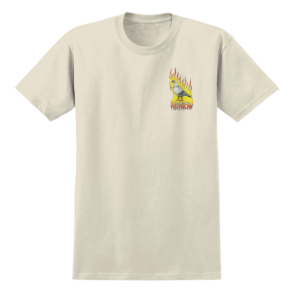 A white ANTIHERO tee with a flame design, perfect for the beach bum vibe.