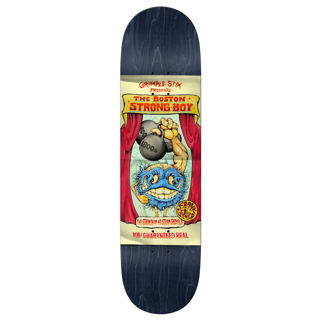 A skateboard with a picture of a strong man grimple