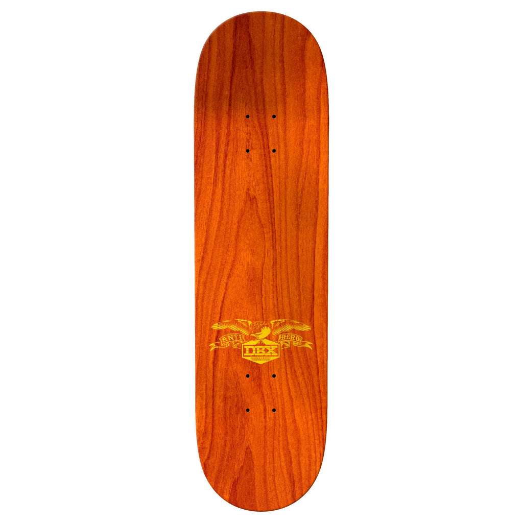 The ANTIHERO GRANT TAYLOR DBX is an 8.38" wooden skateboard deck from ANTIHERO, featuring a glossy finish, gold eagle "DIRT" logo, and Deluxe Basalt Construction for enhanced strength and performance.