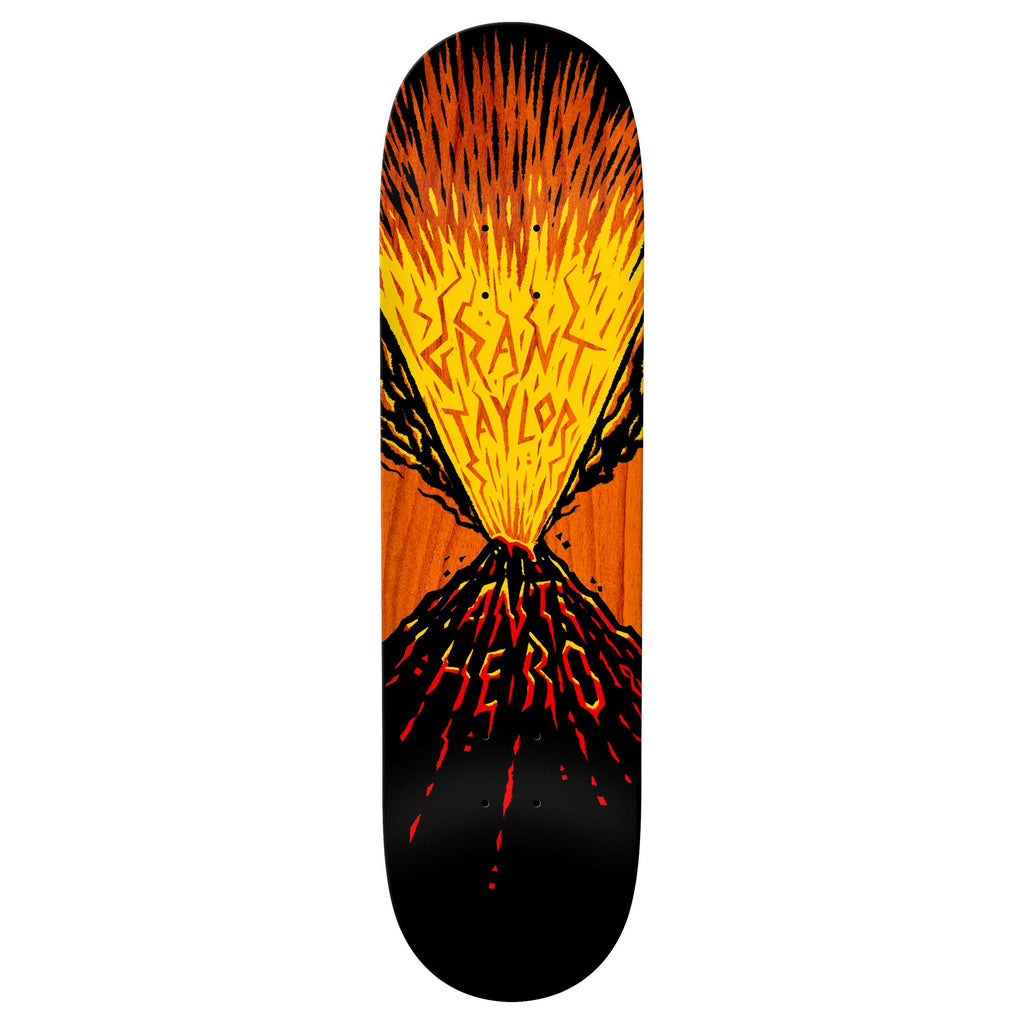 The ANTIHERO GRANT TAYLOR DBX skateboard deck showcases a vivid erupting volcano design in orange, yellow, and black, with "Grant Taylor" and "Anti Hero" text integrated into its Deluxe Basalt Construction.