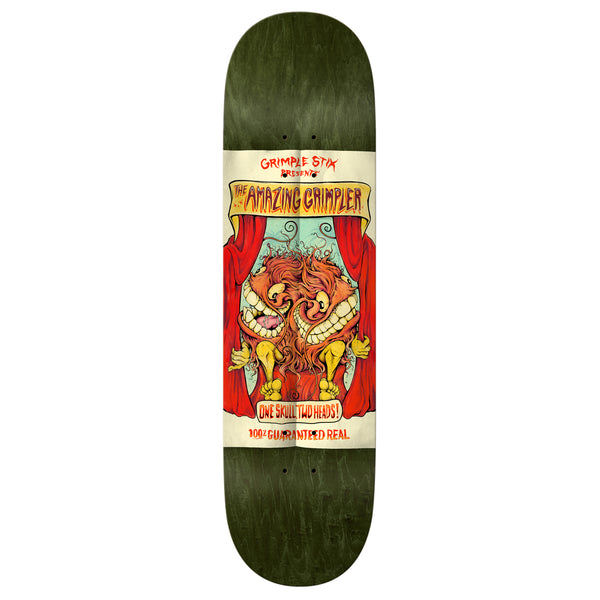 An ANTIHERO skateboard deck with an image of a clown from the GRIMPLE SIDESHOW series.