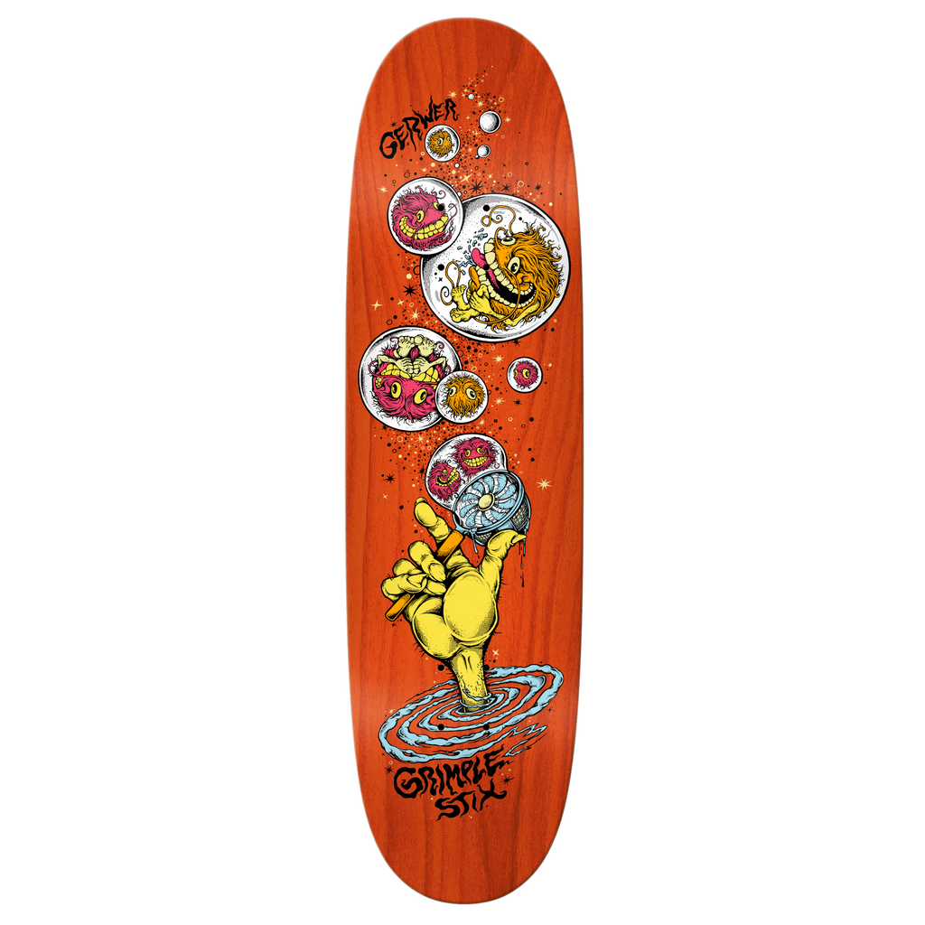 A skateboard deck featuring a cartoon hand and bubbles, influenced by the captivating style of ANTI HERO GRIMPLE STIX GERWER BACKPAGE by ANTIHERO.