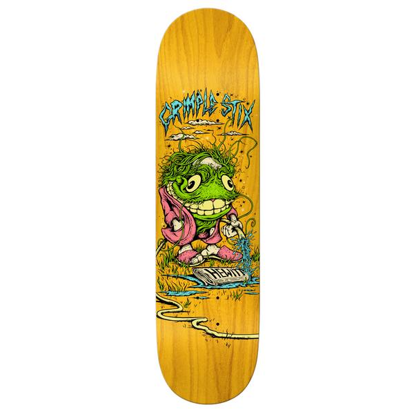 A skateboard featuring the image of a green monster, inspired by the ANTI HERO GRIMPLE STIX HEWITT CHARACTER aesthetics. (Brand Name: ANTIHERO)