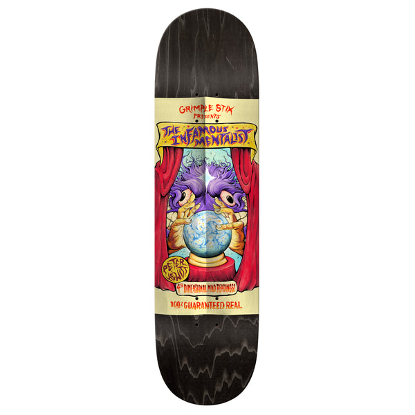 An ANTIHERO HEWITT GRIMPLE SIDESHOW skateboard deck with an image of a magician from the ANTIHERO8.5 collection.