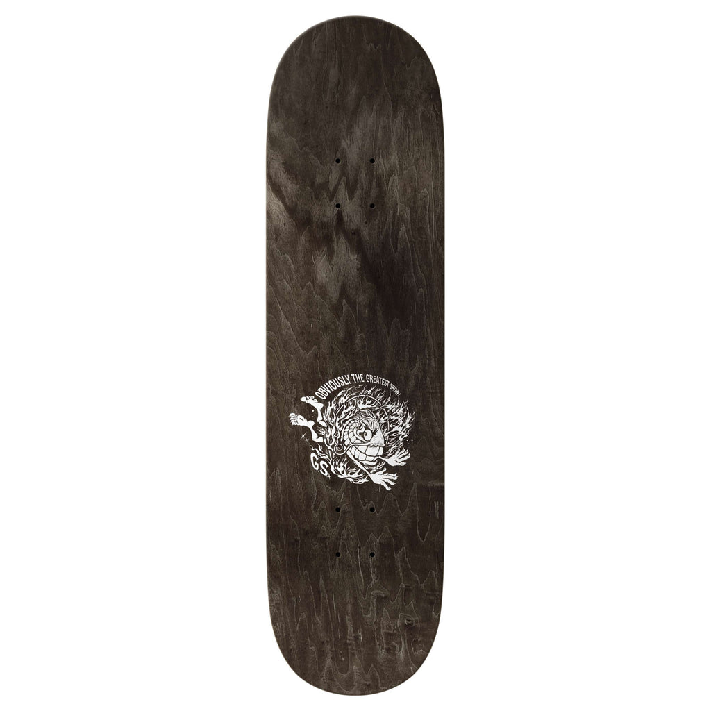 A black ANTIHERO GRIMPLESTIX HEWITT OBVIOUS GREATS skateboard deck, 8.38", with a white owl graphic and "AMBASSADOR THE COLLECTIVE" text in the center.