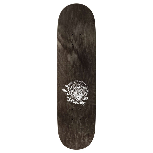 A black ANTIHERO GRIMPLESTIX HEWITT OBVIOUS GREATS skateboard deck, 8.38", with a white owl graphic and "AMBASSADOR THE COLLECTIVE" text in the center.