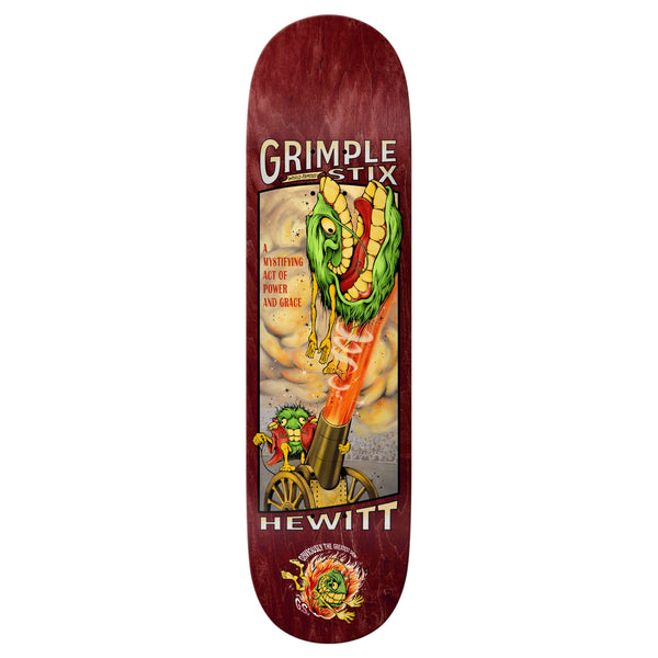 The ANTIHERO GRIMPLESTIX HEWITT OBVIOUS GREATS is an 8.38" skateboard deck with bold "Grimple Stix Hewitt" text and features a cartoon green creature launched from a cannon amid smoke effects.